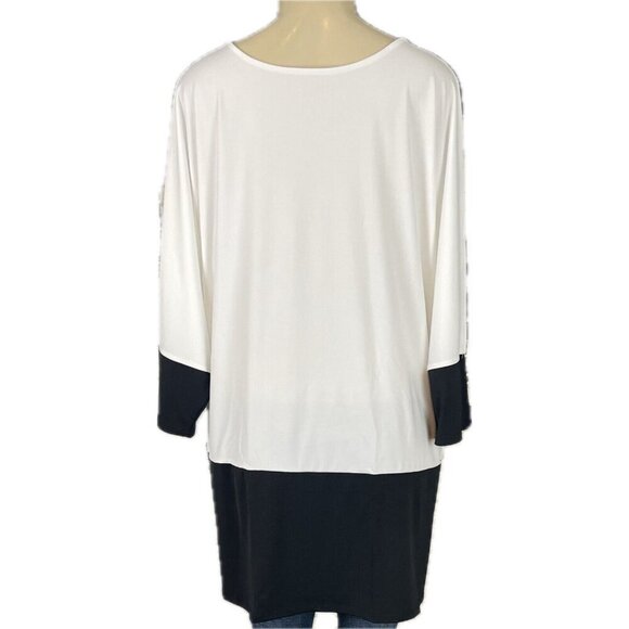 Woman Within 30/32 White-Black Crew Neck 3/4 Sleeve Zip Detail Sleeve Tunic Top - Picture 4 of 6